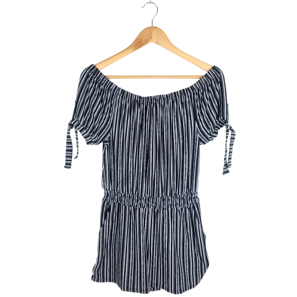 Derek Heart Romper Women Large Off Shoulders Black White Stripes Pockets